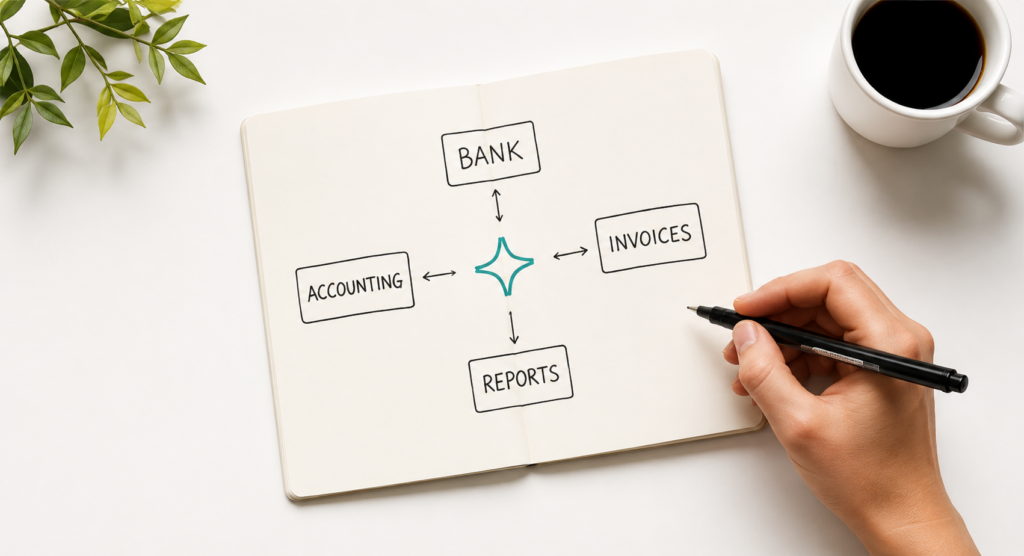 Notebook diagram showing bank, accounting, invoices and reports connected in Asteria